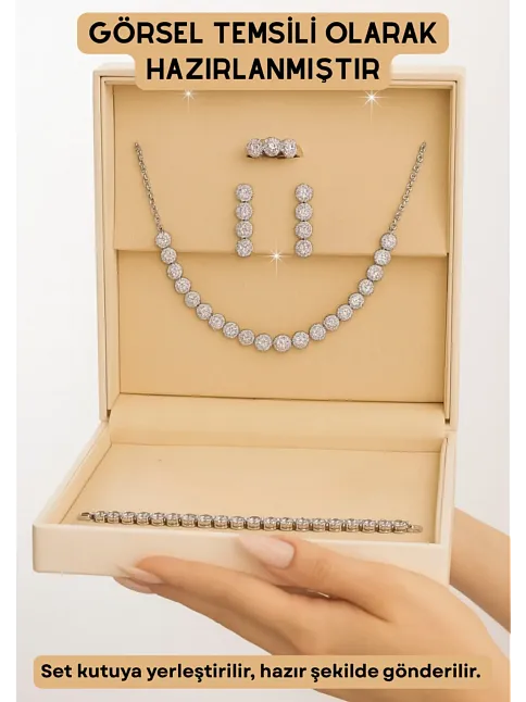 Kadın Gümüş Takı Seti - Serap Yuvarlak Model Zirkon Taşlı Kolye, Bileklik, Yüzük, Küpe Tam Set