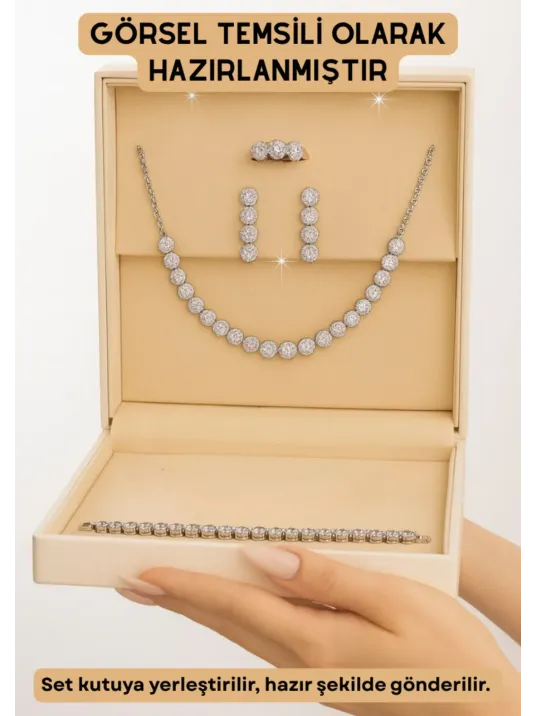 Kadın Gümüş Takı Seti - Serap Yuvarlak Model Zirkon Taşlı Kolye, Bileklik, Yüzük, Küpe Tam Set Kadın Gümüş Takı Seti - Serap Yuvarlak Model Zirkon Taşlı Kolye, Bileklik, Yüzük, Küpe Tam Set