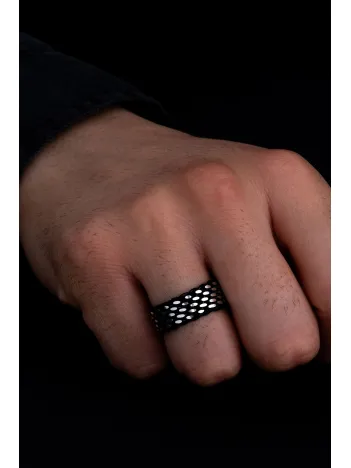 Erkek Gümüş Yüzük - 925 Ayar Siyah Hasır Örgü Gümüş Alyans Yüzük