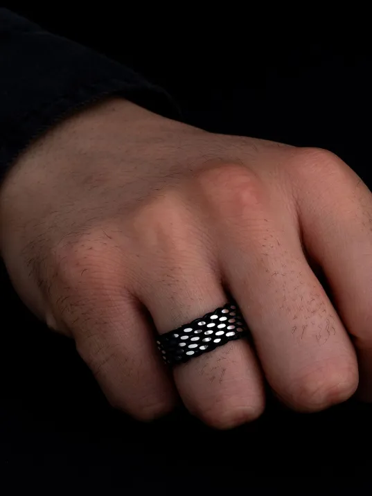 Erkek Gümüş Yüzük - 925 Ayar Siyah Hasır Örgü Gümüş Alyans Yüzük