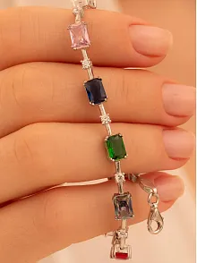 Kadın Gümüş Bileklik - Renkli Baget Taşlı Kare Model Kadın Bileklik