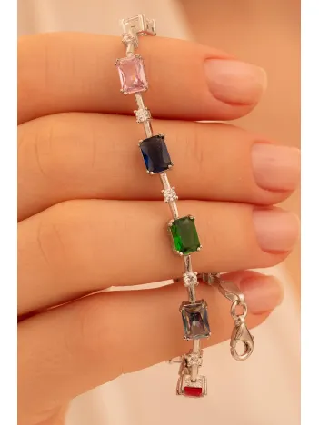 Kadın Gümüş Bileklik - Renkli Baget Taşlı Kare Model Kadın Bileklik