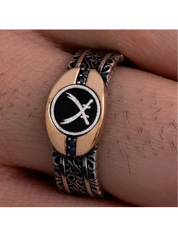 Erkek Gümüş Yüzük - Çift Kılıç Zülfikarlı İnce Kibar Gümüş Erkek Yüzüğü