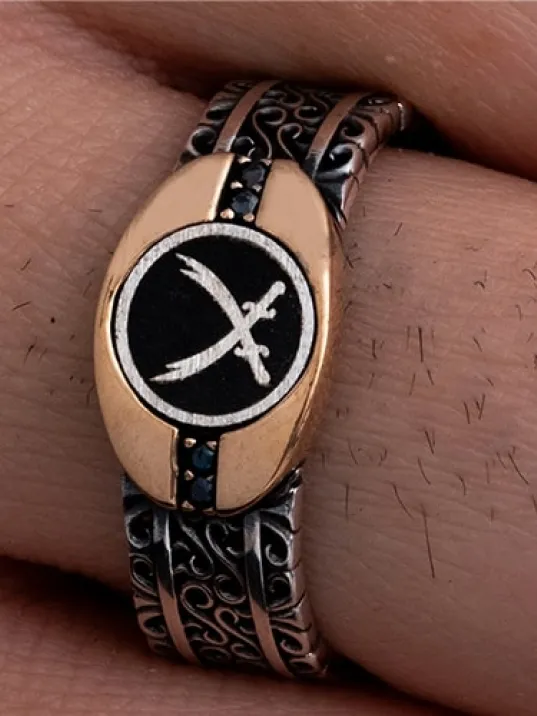 Erkek Gümüş Yüzük - Çift Kılıç Zülfikarlı İnce Kibar Gümüş Erkek Yüzüğü