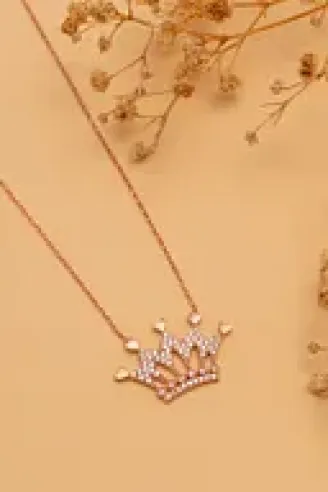 Zirkon Taşlı Rose Renk Kalpli Kral Tacı Kadın Gümüş Kolye GKLKRLTCIM1-ROS