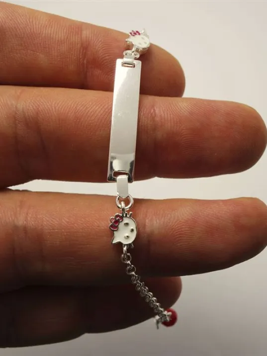 Hello Kitty Gümüş Kız Bebek Çocuk Künye Bileklik İsim Yazılır