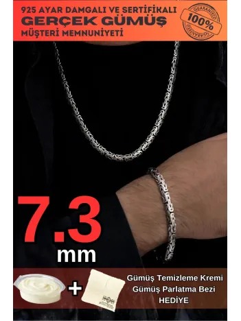 Erkek Gümüş Kolye Bileklik Set - Yassı Ezme Kral Gümüş Bileklik Set