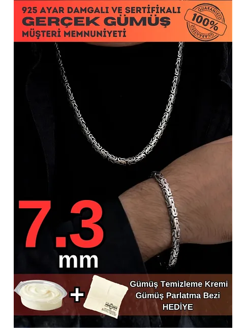 Erkek Gümüş Kolye Bileklik Set - Yassı Ezme Kral Gümüş Bileklik Set
