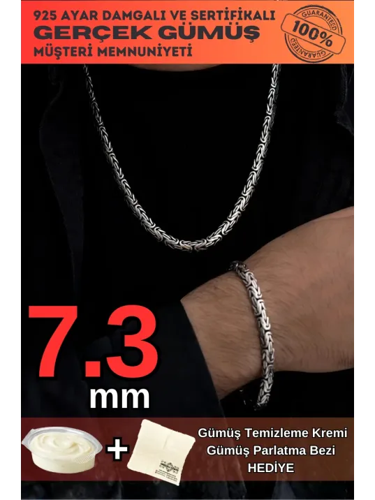 Erkek Gümüş Kolye Bileklik Set - Yassı Ezme Kral Gümüş Bileklik Set