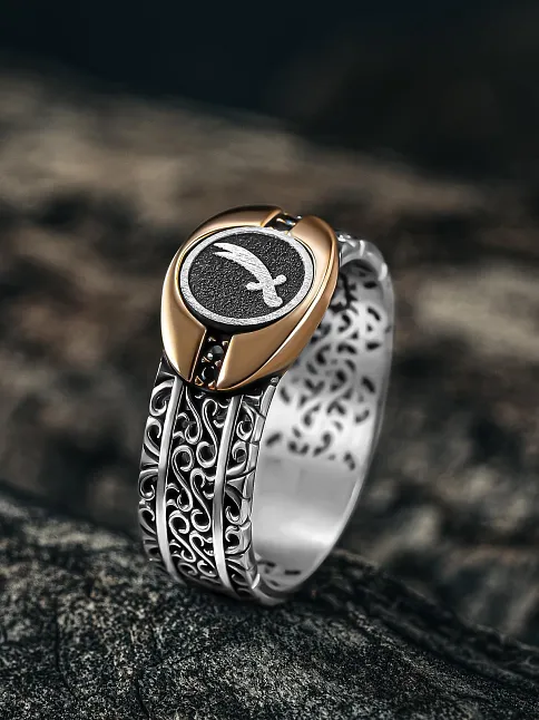 Erkek Gümüş Yüzük - Zirkon Taşlı Zülfikar Kılıcı Model 2 Mührü Erkek Yüzük
