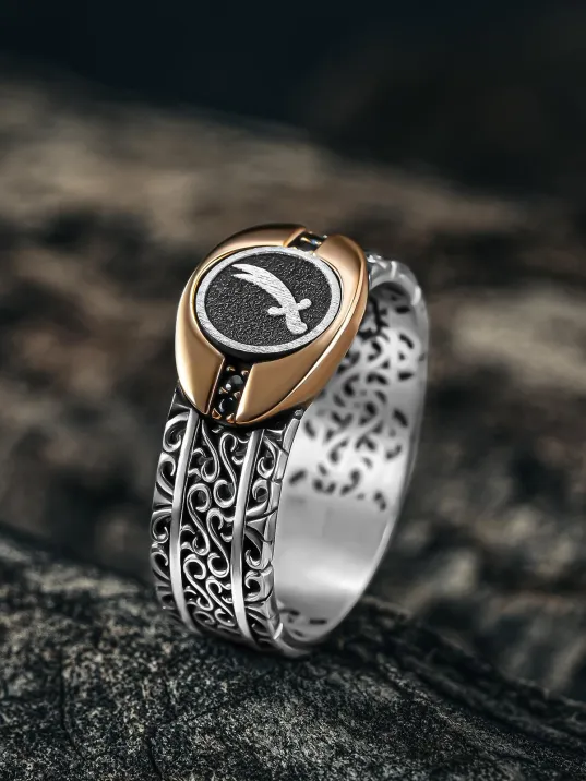 Erkek Gümüş Yüzük - Zirkon Taşlı Zülfikar Kılıcı Model 2 Mührü Erkek Yüzük