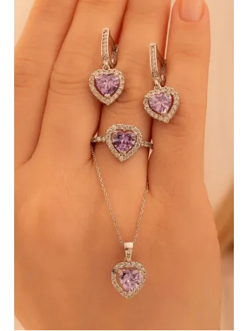 Kadın Gümüş Set - Kalp Model Ametist Taşlı Zirkon Süslemeli Rodyumlu Kadın Set