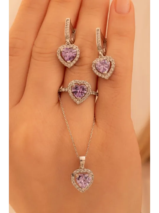 Kadın Gümüş Set - Kalp Model Ametist Taşlı Zirkon Süslemeli Rodyumlu Kadın Set Kadın Gümüş Set - Kalp Model Ametist Taşlı Zirkon Süslemeli Rodyumlu Kadın Set