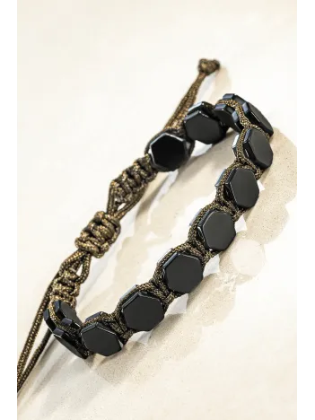 Erkek Kadın Doğal Taş Bileklik - Siyah Hematit Doğal Taşlı Yeşil Makrome Model Unisex Bileklik