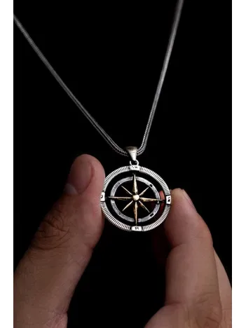 Pusula Motif Erkek 925 Ayar Gümüş Kolye Zincir Gklpusula01-byz