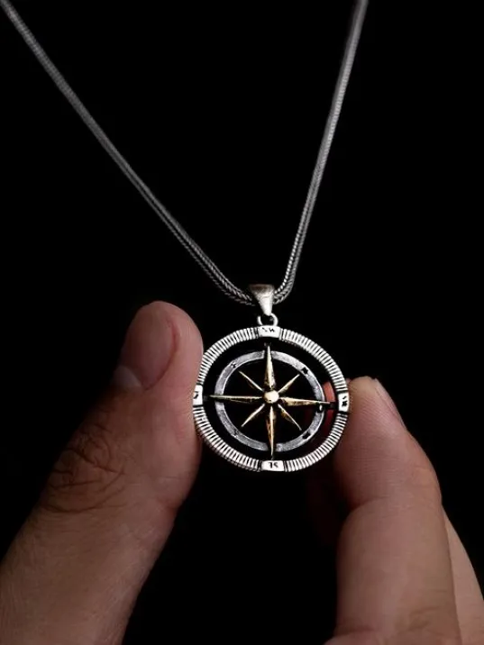 Pusula Motif Erkek 925 Ayar Gümüş Kolye Zincir Gklpusula01-byz