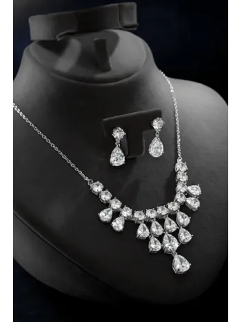 Kadın Bijuteri Kolye Küpe Set - Alegra Model Zirkon Taşlı Damla Motifli Zarif Su Yolu Set