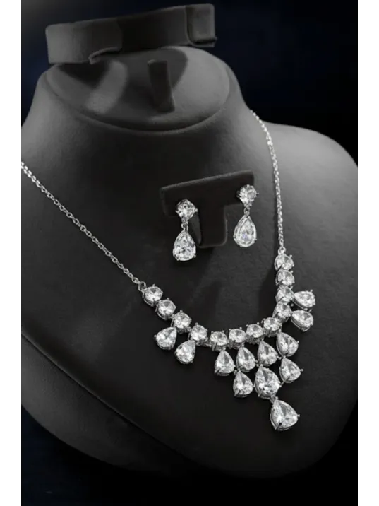 Kadın Bijuteri Kolye Küpe Set - Alegra Model Zirkon Taşlı Damla Motifli Zarif Su Yolu Set