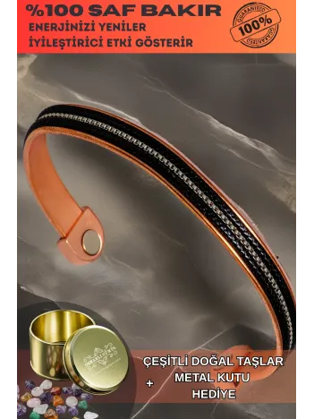 Kadın Bakır Bileklik - Ortası Küp Şeritli Siyah Derili Bakır Bilezik Metal Kutuda
