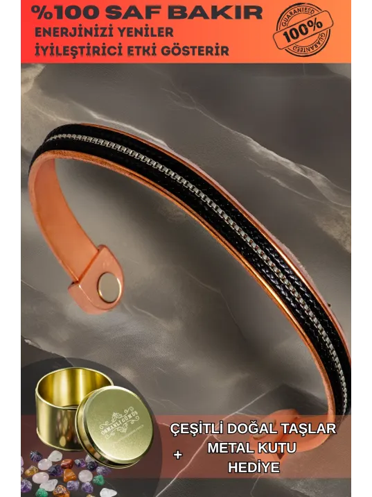 Kadın Bakır Bileklik - Ortası Küp Şeritli Siyah Derili Bakır Bilezik Metal Kutuda Kadın Bakır Bileklik - Ortası Küp Şeritli Siyah Derili Bakır Bilezik Metal Kutuda