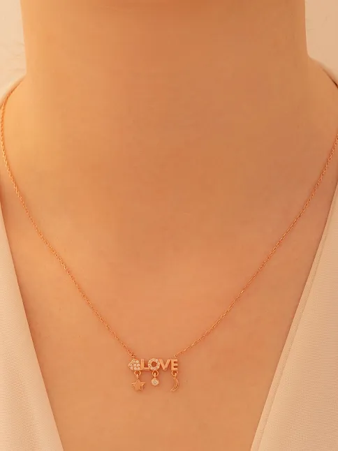 Kadın Gümüş Kolye - Sevgililer Günü - Hediye - Rose Kaplama Love Yazılı Kalp Motifli Kadın Kolye