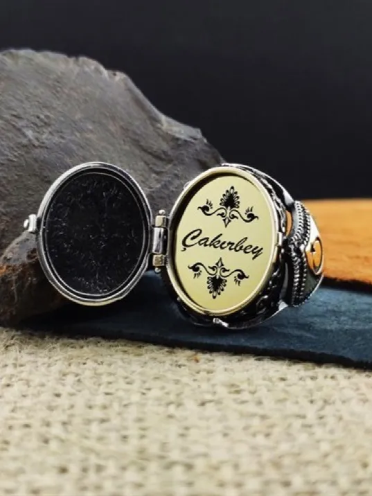 Kişiye Özel Tasarımlı Mavi Mineli Erkek Gümüş Yüzük (İçine Fotoğraf, İsim, Logo Yapılır) GYZGMSGUMSX