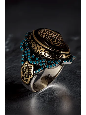 Erkek La Galibe İllallah Yazılı Katalin Taşı Ve Turkuaz Zirkon Taşlı 925 Ayar Gümüş Yüzük