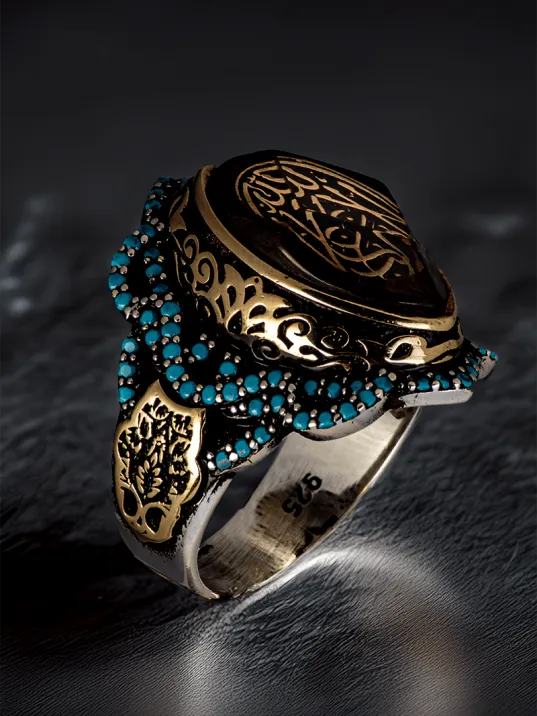 Erkek La Galibe İllallah Yazılı Katalin Taşı Ve Turkuaz Zirkon Taşlı 925 Ayar Gümüş Yüzük