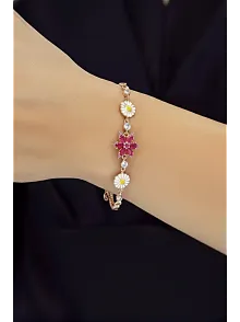 Kadın Gümüş Bileklik - Rose Kaplama Pembe Safir Taşlı Nergis Çiçeği Motifli Bilezik
