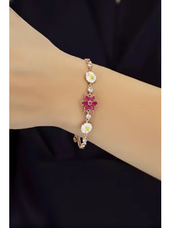 Kadın Gümüş Bileklik - Rose Kaplama Pembe Safir Taşlı Nergis Çiçeği Motifli Bilezik