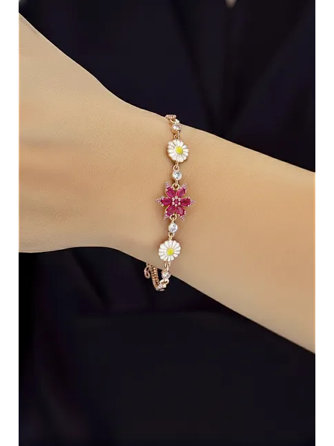 Kadın Gümüş Bileklik - Rose Kaplama Pembe Safir Taşlı Nergis Çiçeği Motifli Bilezik