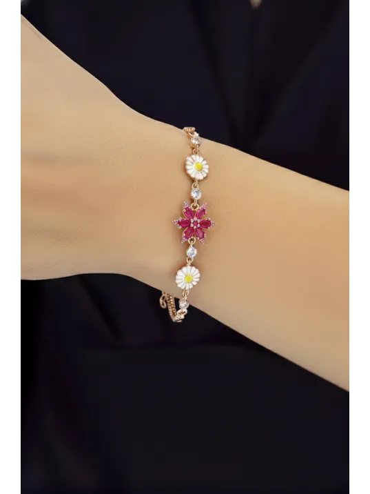 Kadın Gümüş Bileklik - Rose Kaplama Pembe Safir Taşlı Nergis Çiçeği Motifli Bilezik Kadın Gümüş Bileklik - Rose Kaplama Pembe Safir Taşlı Nergis Çiçeği Motifli Bilezik