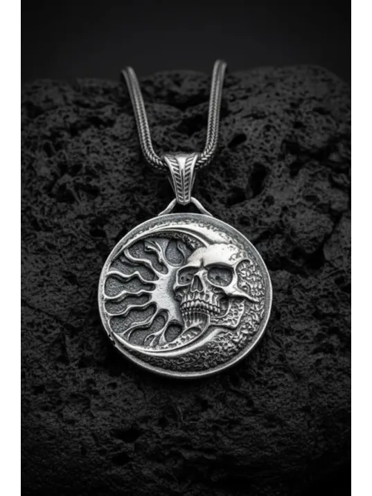Erkek Gümüş Kolye - 925 Ayar Kabartmalı Güneş Ay ve İskelet Motif Tilki Kuyruğu Zincirli Erkek Kolye