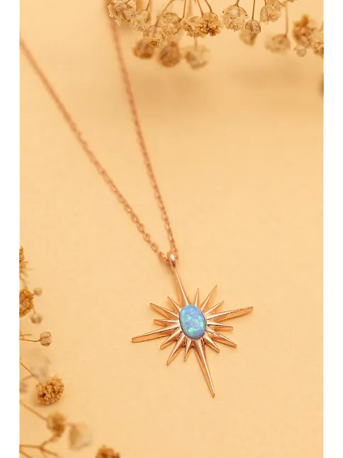 Kadın Gümüş Kolye - Rose Altın Kaplama Renk Mavi Opal Taşlı Kutup Yıldızı Gümüş Kolye