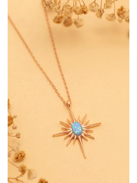 Kadın Gümüş Kolye - Rose Altın Kaplama Renk Mavi Opal Taşlı Kutup Yıldızı Gümüş Kolye Kadın Gümüş Kolye - Rose Altın Kaplama Renk Mavi Opal Taşlı Kutup Yıldızı Gümüş Kolye