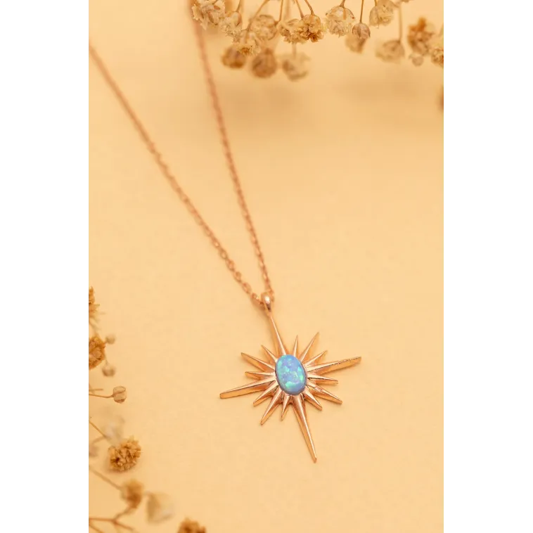 Kadın Gümüş Kolye - Rose Altın Kaplama Renk Mavi Opal Taşlı Kutup Yıldızı Gümüş Kolye Kadın Gümüş Kolye - Rose Altın Kaplama Renk Mavi Opal Taşlı Kutup Yıldızı Gümüş Kolye