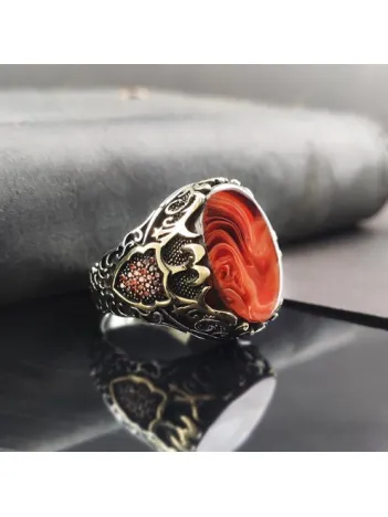 Düz Turuncu Kehribar Erkek Gümüş Yüzük  GYZGMSAGUMU