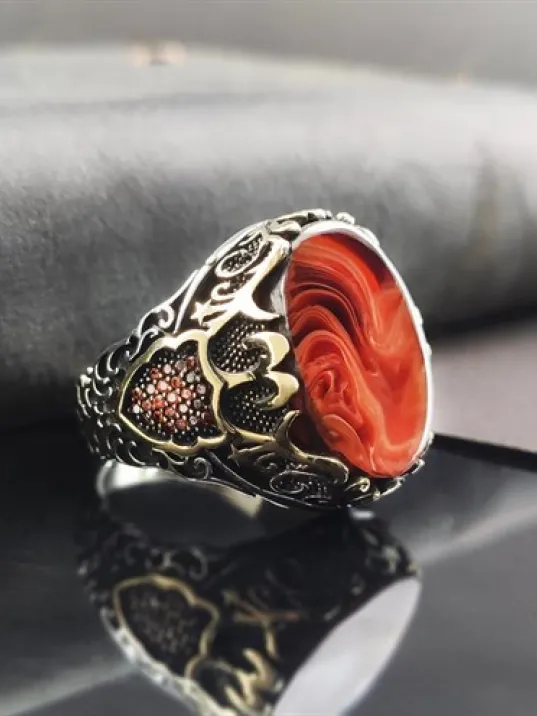 Düz Turuncu Kehribar Erkek Gümüş Yüzük GYZGMSAGUMU Düz Turuncu Kehribar Erkek Gümüş Yüzük GYZGMSAGUMU