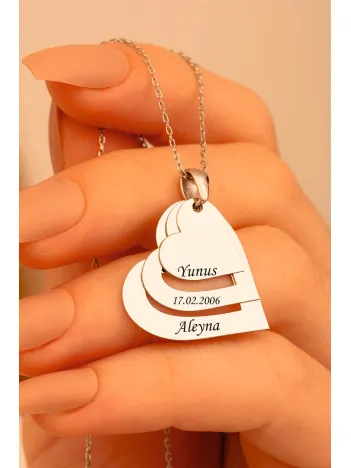 Kadın Gümüş Kolye - Kalp Tasarım 3 lü İsim Yazılan Gümüş Kolye