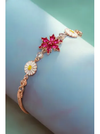 Kadın Gümüş Bileklik - Rose Kaplama Pembe Safir Taşlı Nergis Çiçeği Motifli Bilezik