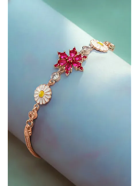 Kadın Gümüş Bileklik - Rose Kaplama Pembe Safir Taşlı Nergis Çiçeği Motifli Bilezik