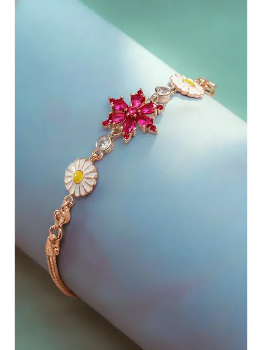 Kadın Gümüş Bileklik - Rose Kaplama Pembe Safir Taşlı Nergis Çiçeği Motifli Bilezik Kadın Gümüş Bileklik - Rose Kaplama Pembe Safir Taşlı Nergis Çiçeği Motifli Bilezik