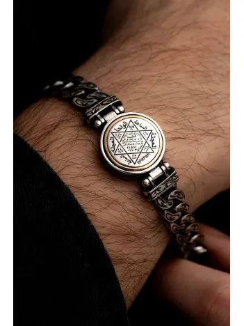 Erkek Gümüş Bileklik - Ortası Dönen Hz Süleyman Model Gurmet Zincir Gümüş Bileklik Künye