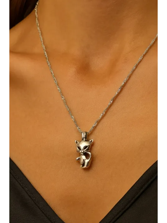 Kadın Gümüş Kolye - Kedi Model Singapur Zincir Kadın Gümüş Kolye