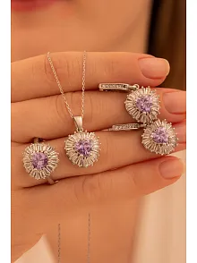 Kadın Gümüş Set - Kalp Model Ametist Taşlı Baget Süslemeli Rodyumlu Kadın Set