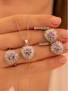 Kadın Gümüş Set - Kalp Model Ametist Taşlı Baget Süslemeli Rodyumlu Kadın Set