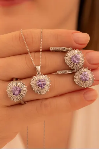 Kadın Gümüş Set - Kalp Model Ametist Taşlı Baget Süslemeli Rodyumlu Kadın Set