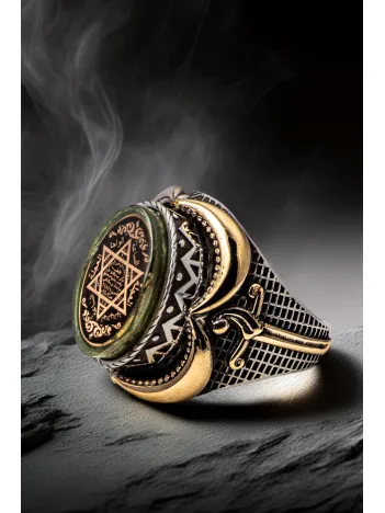 Erkek Yeşil Kehribar Taşlı Süleyman Mührü İşlemeli Hançer 925 Ayar Gümüş Yüzük