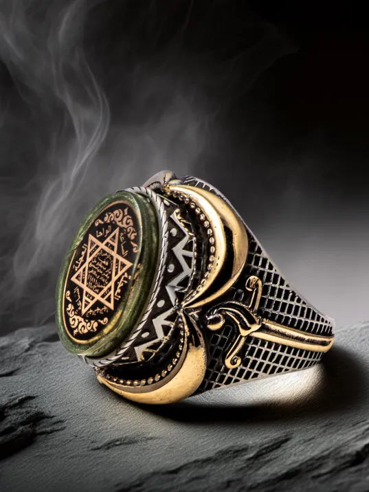 Erkek Yeşil Kehribar Taşlı Süleyman Mührü İşlemeli Hançer 925 Ayar Gümüş Yüzük Erkek Yeşil Kehribar Taşlı Süleyman Mührü İşlemeli Hançer 925 Ayar Gümüş Yüzük