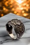 Erkek Kalkan Motifli Etnik Desen İşlemeli Siyah Zirkon Taşlı 925 Ayar Gümüş Yüzük